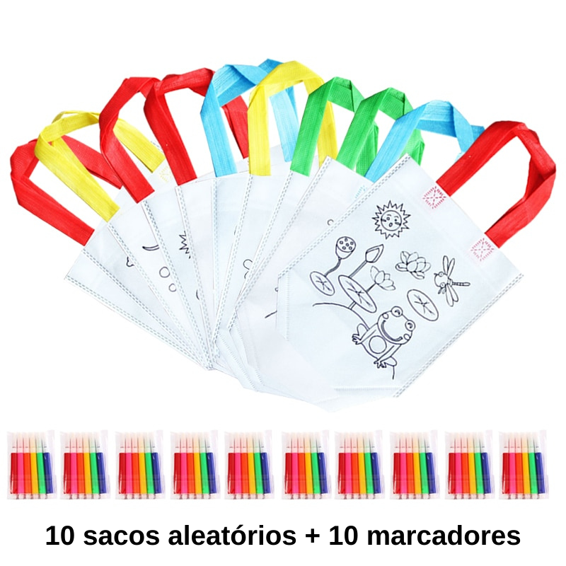 Mini Sacolas Pintáveis Para Crianças + Canetinhas Coloridas